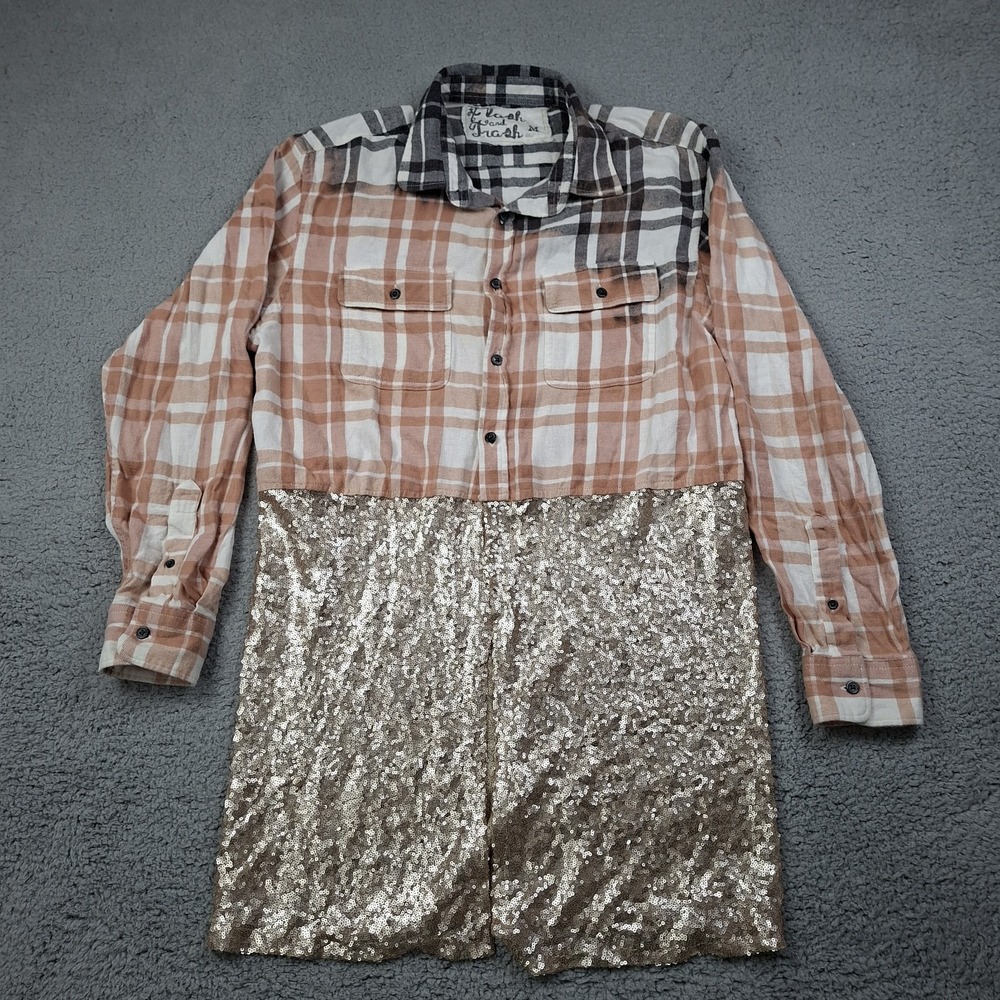 Flash & Trash Upcycled Plaid Flannel Sequin Shirt Black Pink Gold Medium